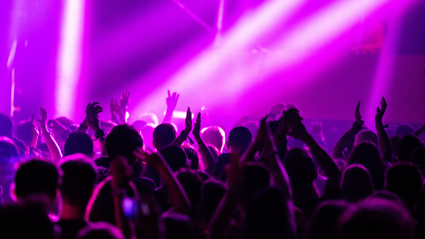 Crowd enjoying music under pink and purple stage lights