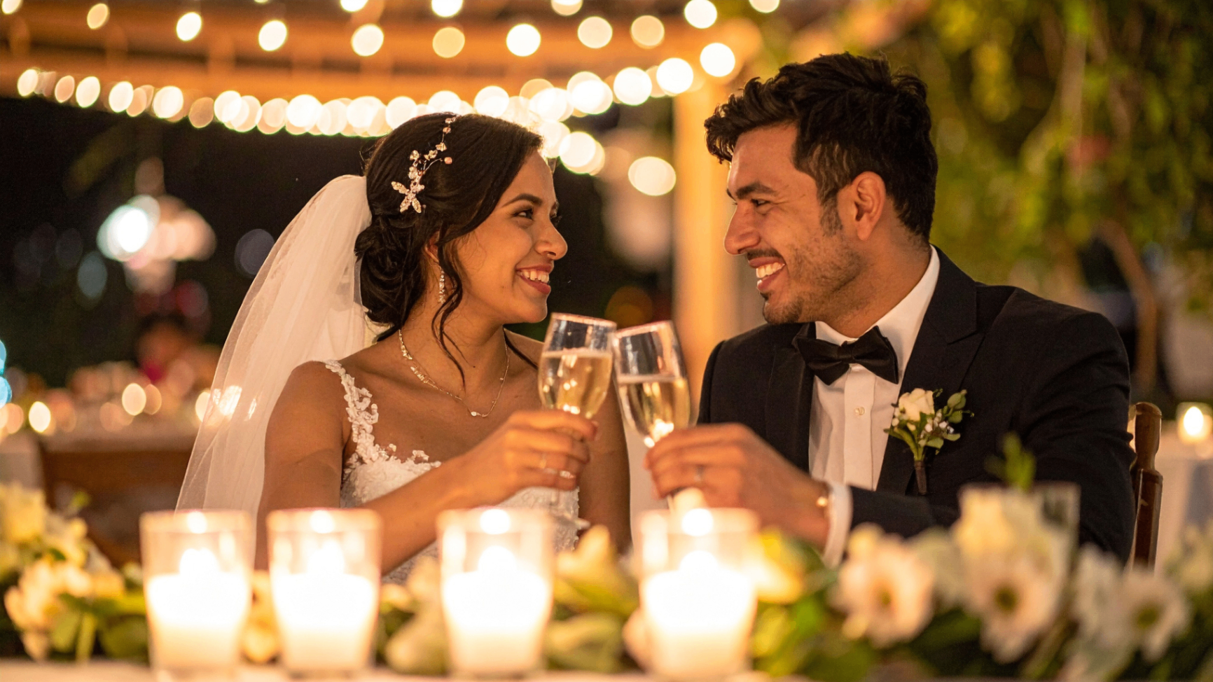 Bride and groom celebrating with champagne during a wedding reception